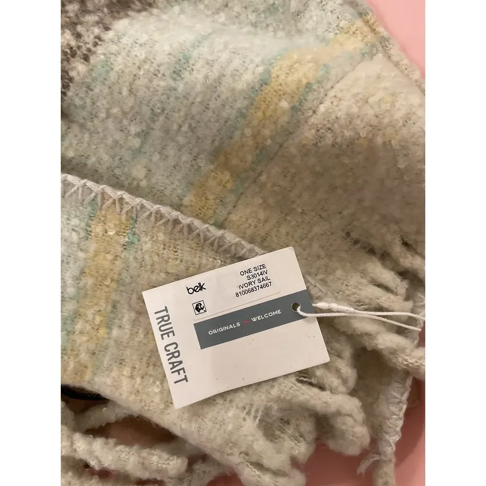 NWT True Craft Ivory Sail Combo Cozy Comfort Striped Fringe Wrap Scarf, OS - Picture 5 of 5